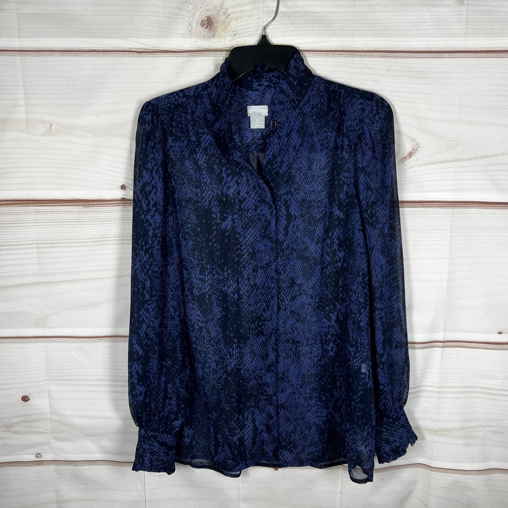 Chicos Sheer Blouse Womens 0 S Blue Snakeskin Ruffle Neck Long Sleeve Top Button